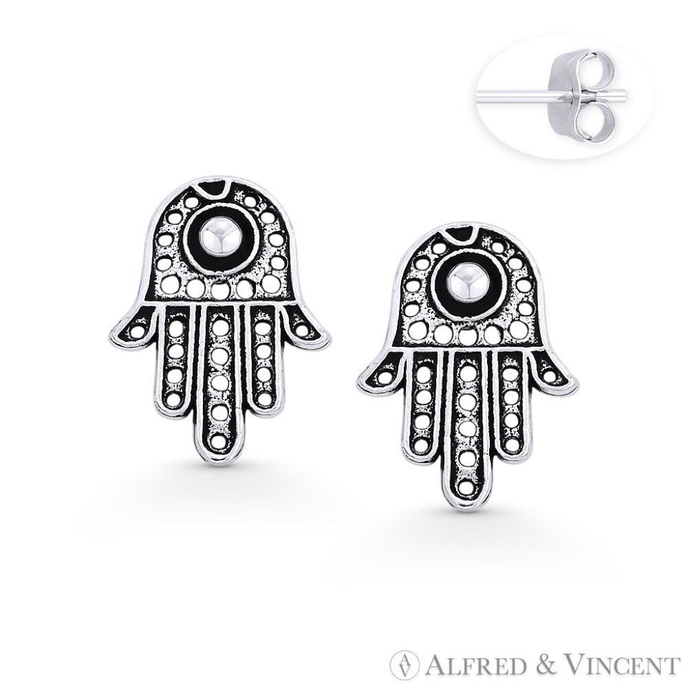 Hamsa Hand Evil Eye Luck Charm Stud Earrings in Oxidized .925 Sterling Silver